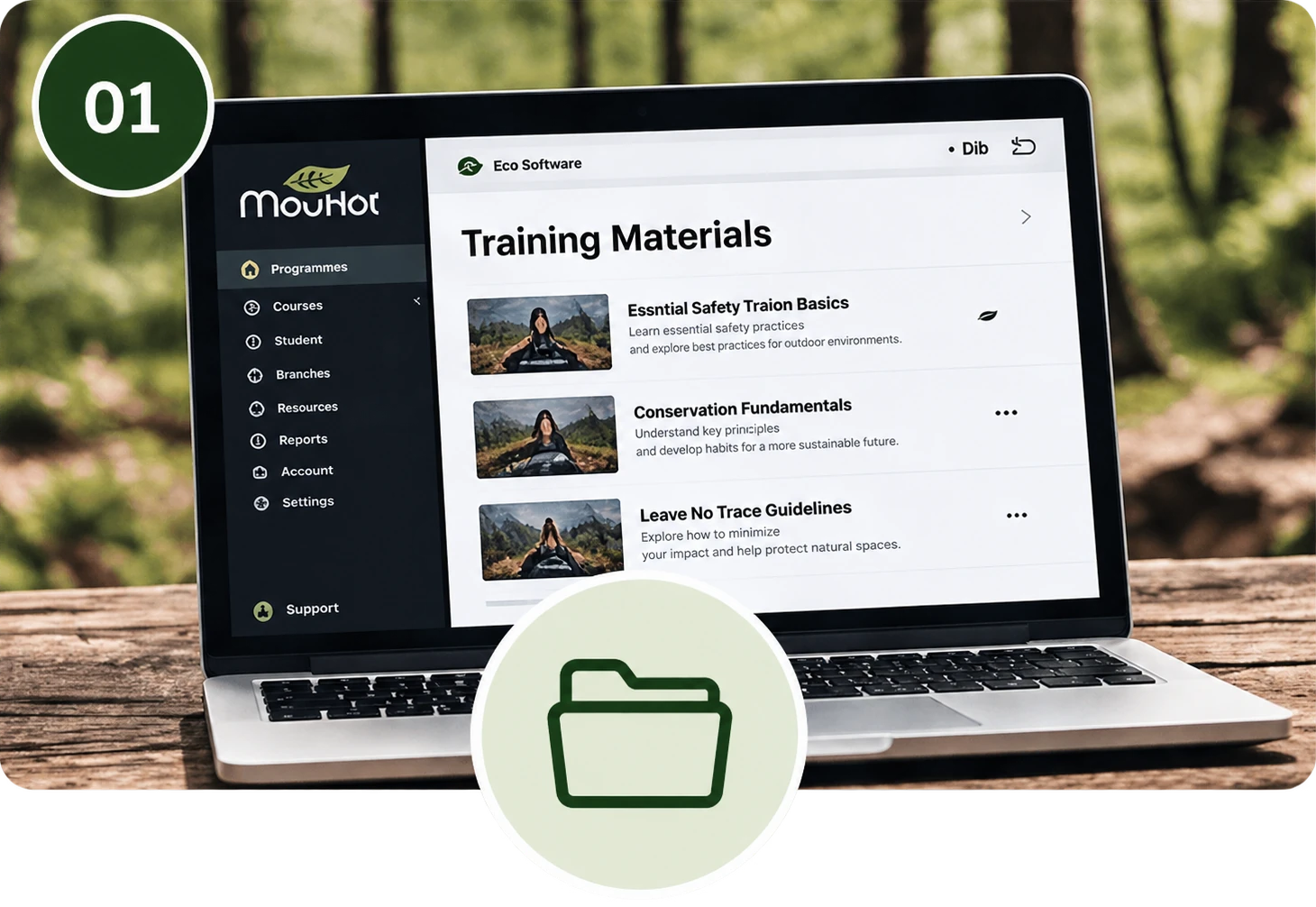 01 — laptop displaying MovNat training materials; folder icon