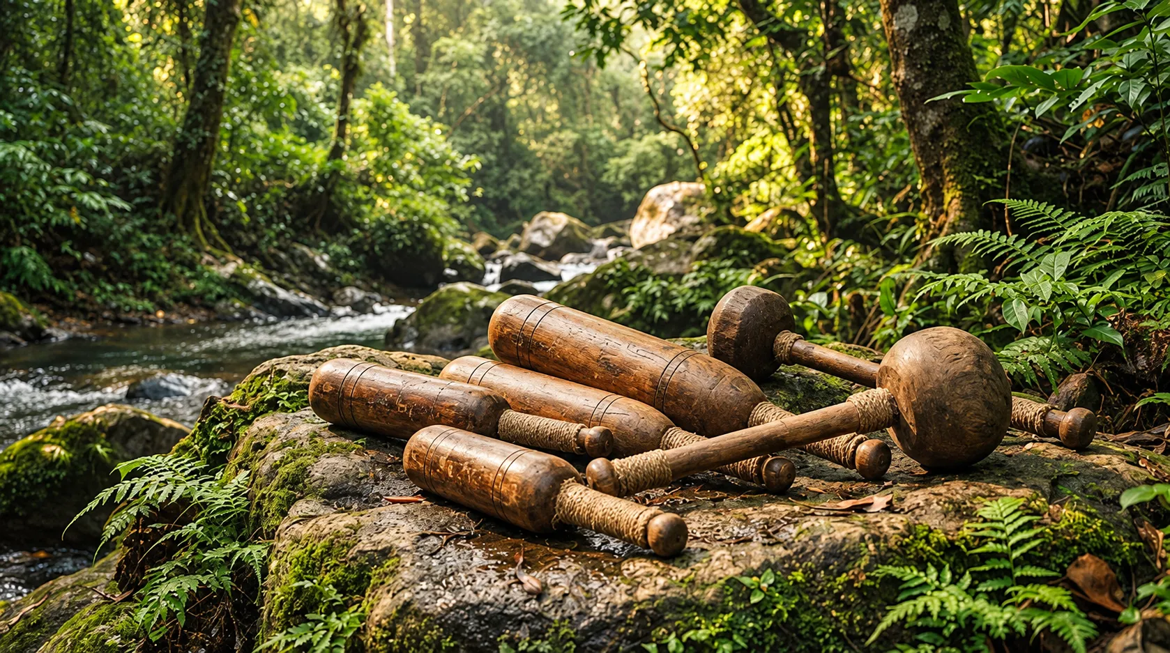 Authentic action photograph of a senior Indian Kalaripayattu master with bare feet in red clay dirt pit demonstrating dynamic dual heavy club swings outside a traditional palm-thatched kalari pavilion. Intense concentration, deep athletic stance, natural jungle greenery in background, cinematic natural lighting.